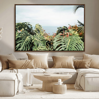 Monstera leaves and tropical flowers framing a calm ocean view, ideal for tropical coastal or exotic jungle-style interior wall decor.