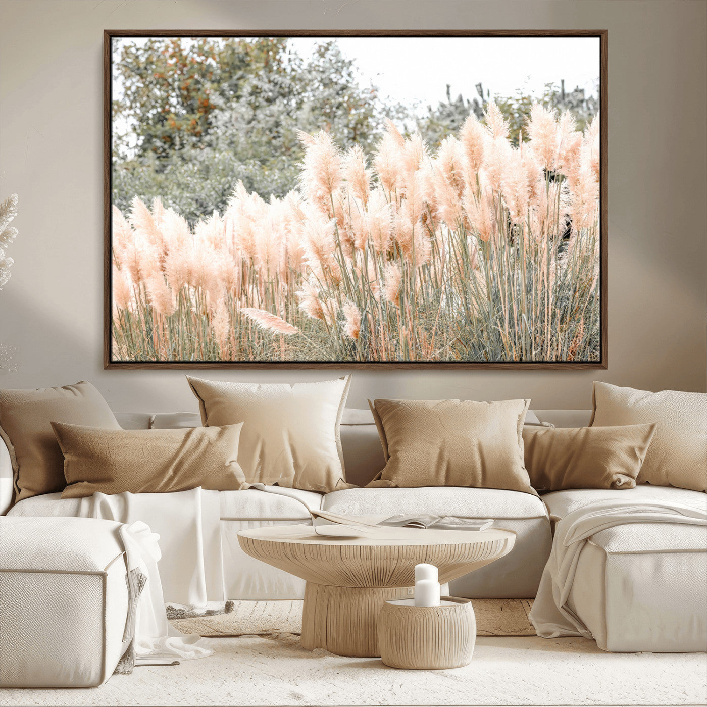 Soft pastel pampas grasses in a natural setting, ideal for neutral boho or rustic botanical-style interior wall decoration.
