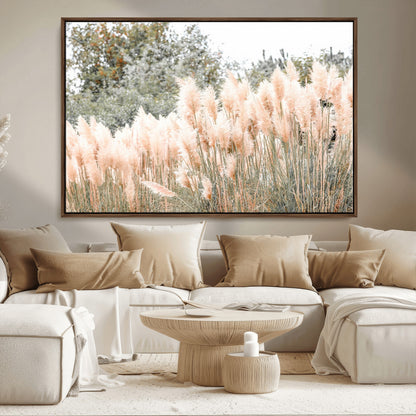 Soft pastel pampas grasses in a natural setting, ideal for neutral boho or rustic botanical-style interior wall decoration.