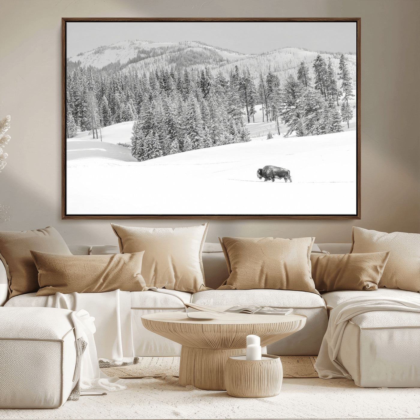 Snowy bison walking through white forest landscape, ideal for monochrome winter or wilderness-style interior wall decoration.