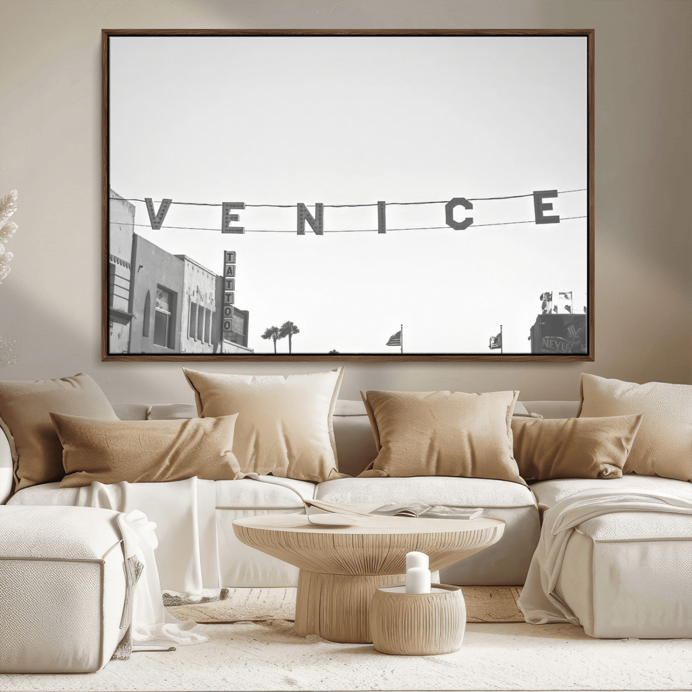 Black and white photo of Venice Beach sign and palm-lined street, perfect for urban coastal or minimalist LA-inspired wall decoration.