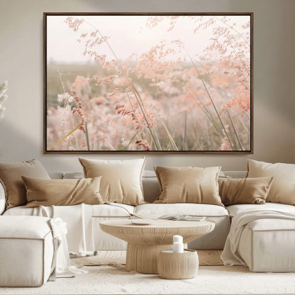 Soft pastel field with wild grasses in warm light, ideal for minimal nature or airy countryside-inspired interior wall decoration.
