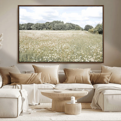 Soft-toned image of a wild daisy field under a cloudy sky, ideal for neutral or Scandinavian-inspired home decor.