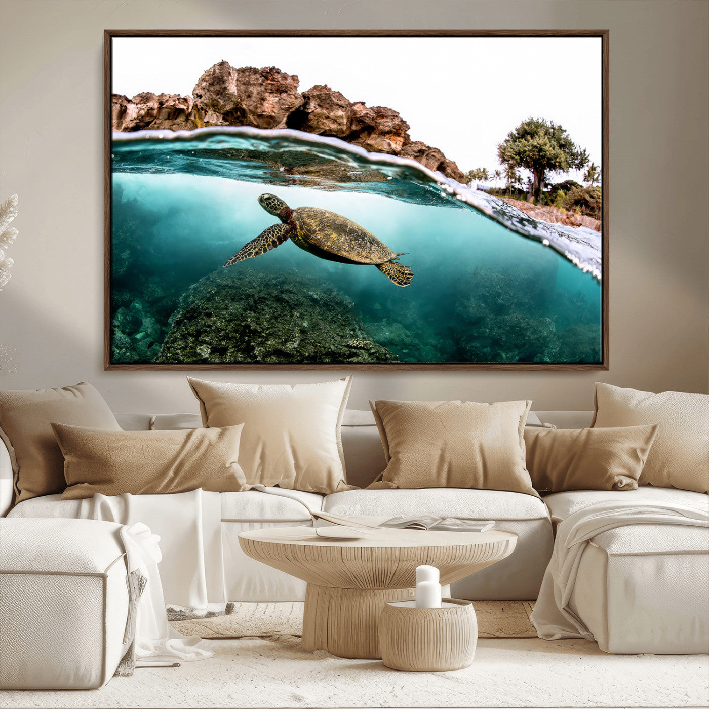 Dynamic split-view photo of a sea turtle swimming near rocky shores, perfect for vibrant coastal or tropical beach home decor.