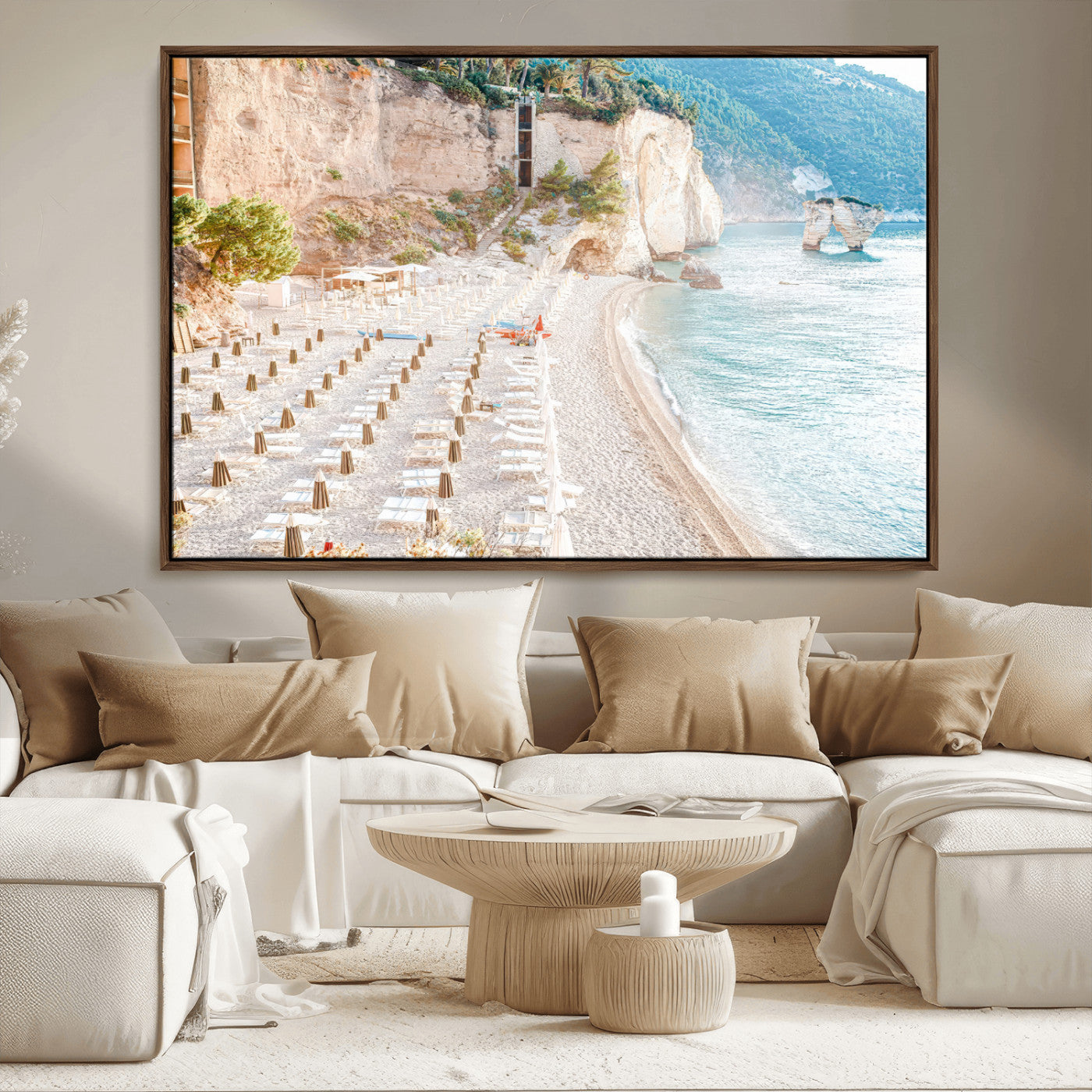 Wall art of a calm Mediterranean beach with rows of sun loungers and umbrellas in soft pastel tones, perfect for light coastal or vacation-themed decor.
