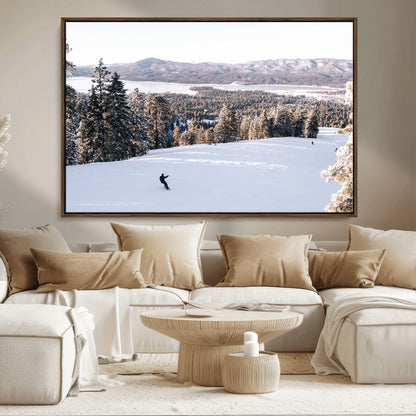Canvas of a snowy mountain ski slope with pine trees and bright winter light, ideal for modern rustic or alpine-inspired home decor.