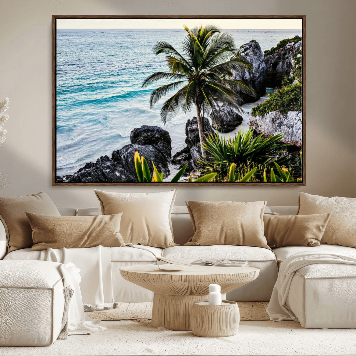 Framed canvas of a vibrant tropical coastline with palm trees, rocky cliffs, and turquoise waters, ideal for tropical coastal home decor.