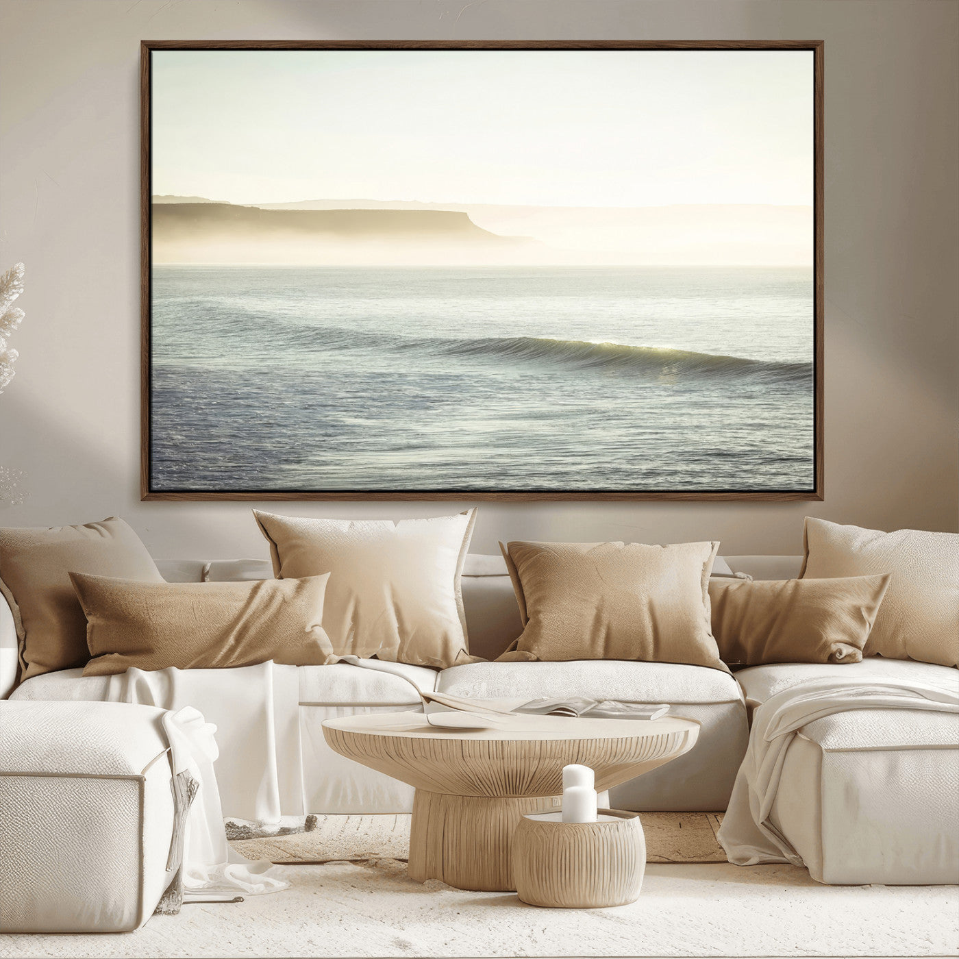 Canvas of a misty ocean scene with coastal cliffs and soft neutral tones, ideal for Scandinavian coastal or minimalist nature-inspired home decor.