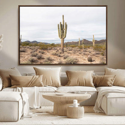 Canvas of a saguaro cactus in an earthy Sonoran desert landscape, ideal for Southwestern Boho or desert minimalism inspired home decor.   2/2