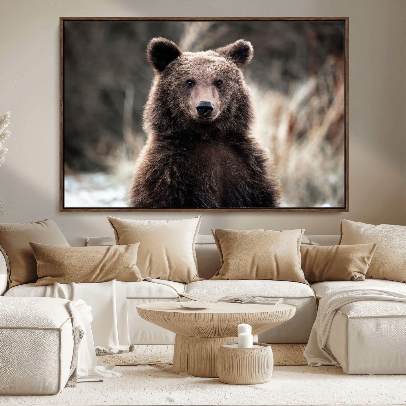Canvas of a brown bear in soft earthy tones and moody forest light, ideal for rustic cabin or woodland nature-themed home decor.