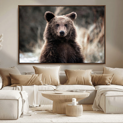 Canvas of a brown bear in soft earthy tones and moody forest light, ideal for rustic cabin or woodland nature-themed home decor.