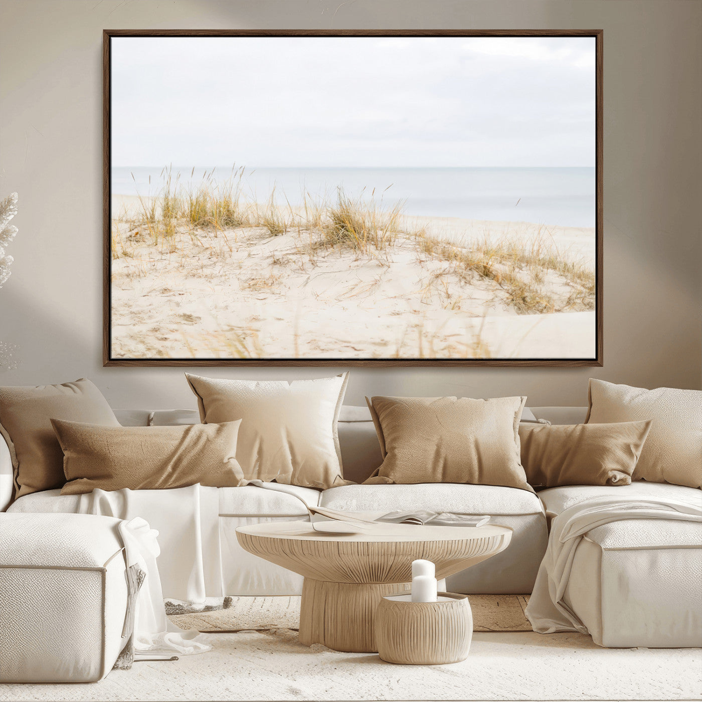 Canvas of soft beach dunes and coastal grasses in neutral tones, perfect for Scandinavian coastal or minimalist nature-inspired home decor.   2/2