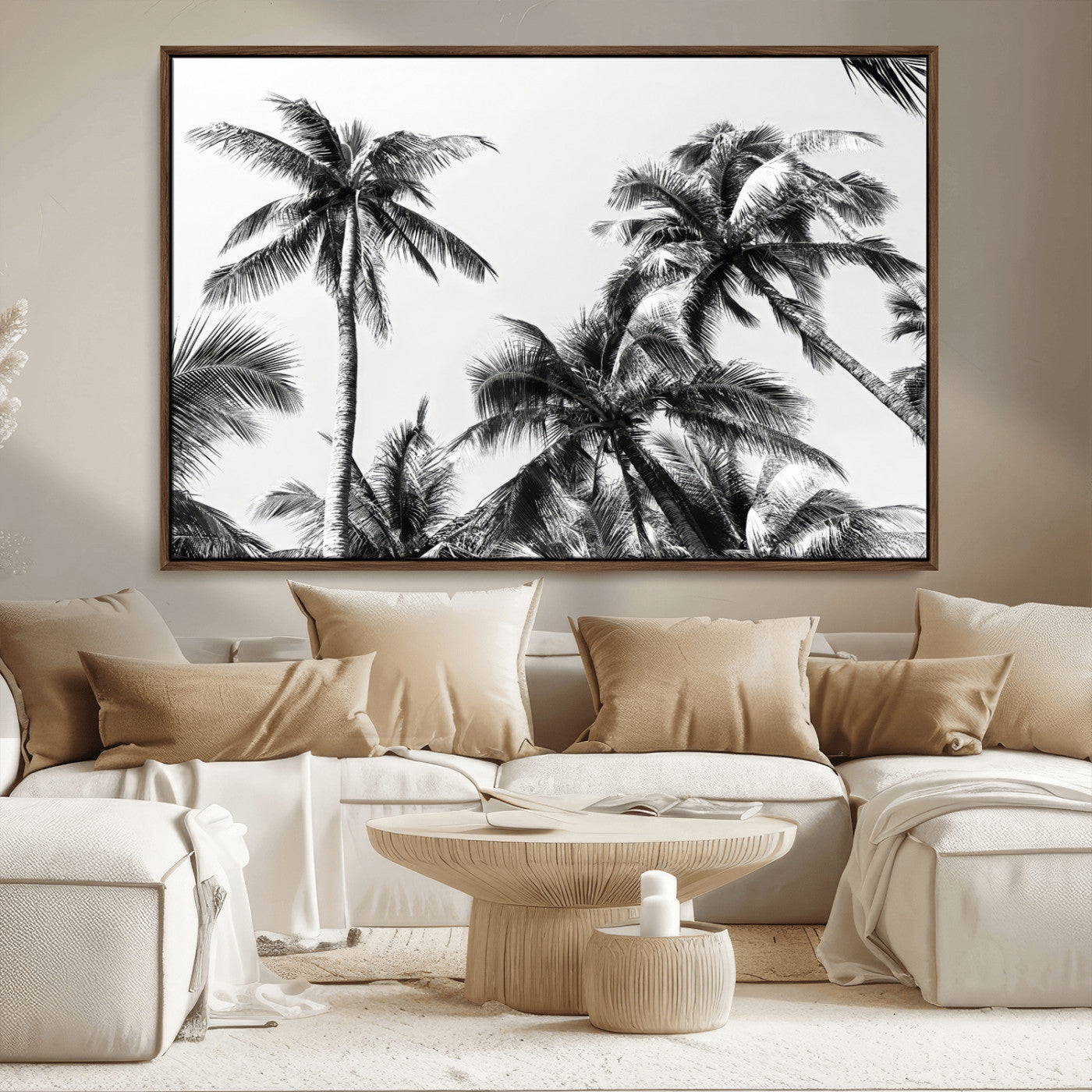 Black and white canvas of tall palm trees in moody tones, perfect for modern tropical minimalist or coastal-style home decor.