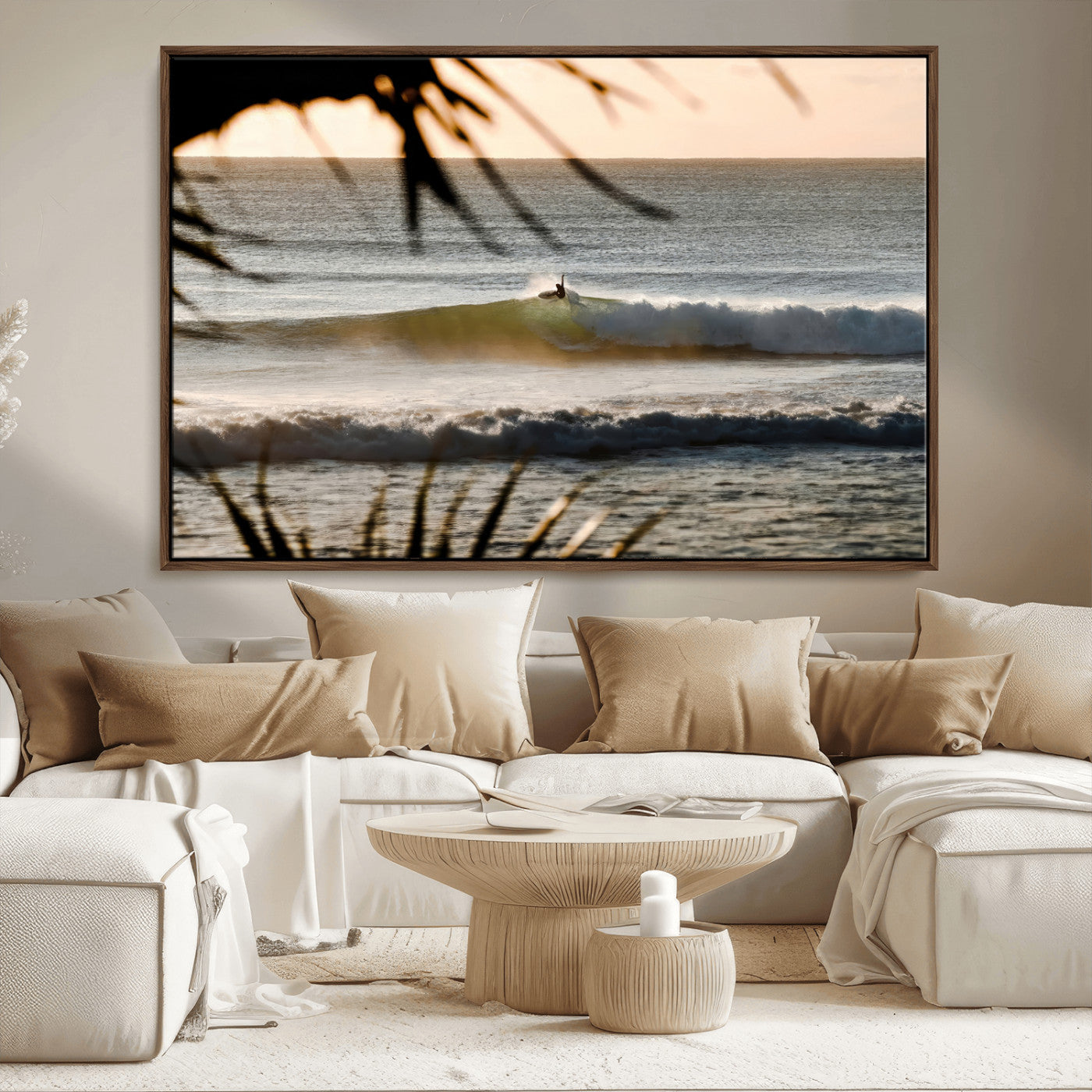Photo of a surfer riding a golden hour wave at sunset, with tropical tones and dreamy light, perfect for tropical boho or coastal home decor.