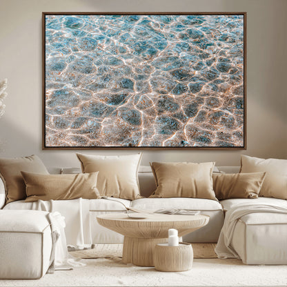 Close-up of sunlit ocean ripples with aqua blue and golden tones, ideal for modern coastal or minimalist home decor.