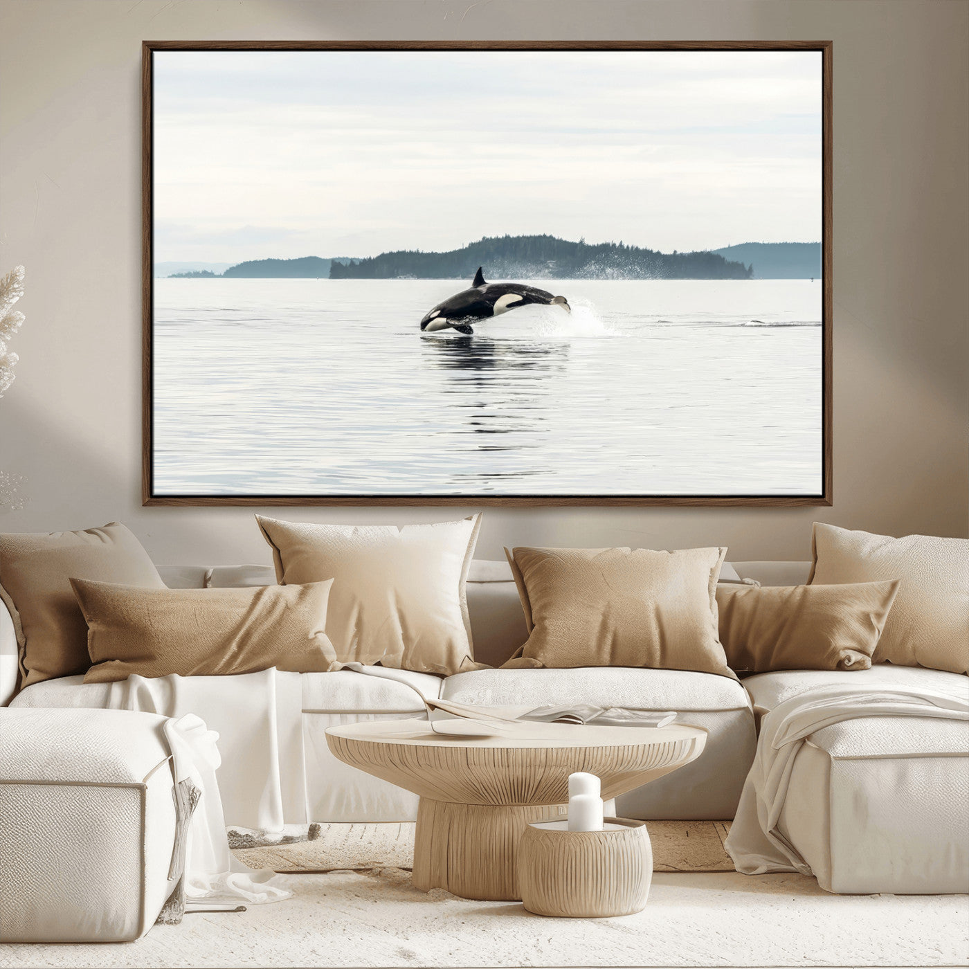 An orca jumping out of calm ocean waters with a misty island in the background, creating a serene and minimalist marine wildlife scene.