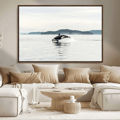 An orca jumping out of calm ocean waters with a misty island in the background, creating a serene and minimalist marine wildlife scene.