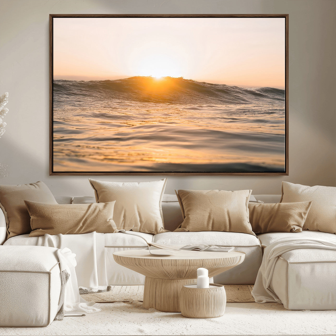 Ocean waves glowing under a warm golden sunset, reflecting soft light and calm movement, perfect for warm minimalist coastal interiors.