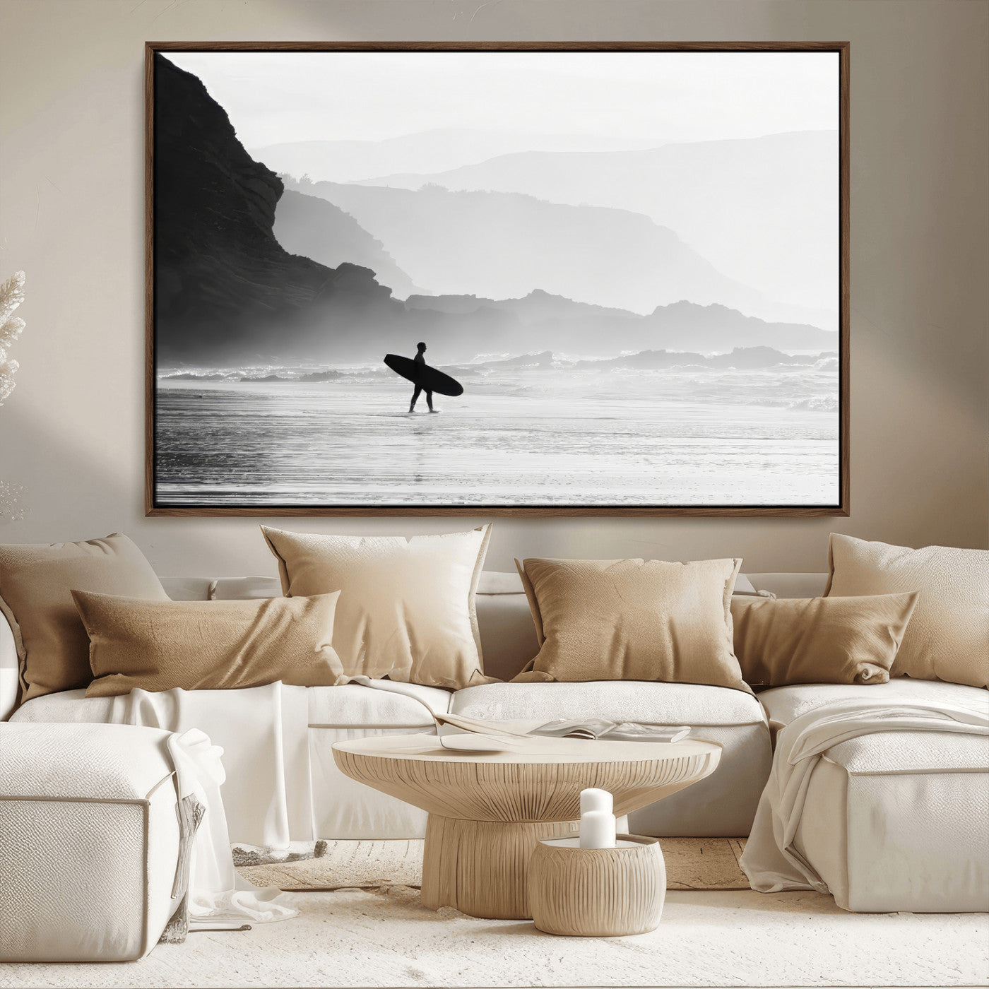 A lone surfer walking along a misty beach with cliffs in the background, carrying their board, capturing a serene and minimal ocean moment.