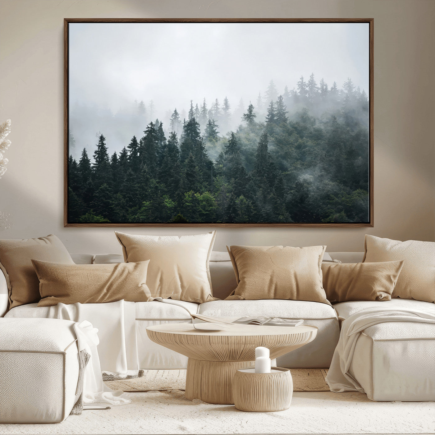 A misty evergreen forest shrouded in soft fog, creating a tranquil and moody landscape with lush green trees fading into the distance.