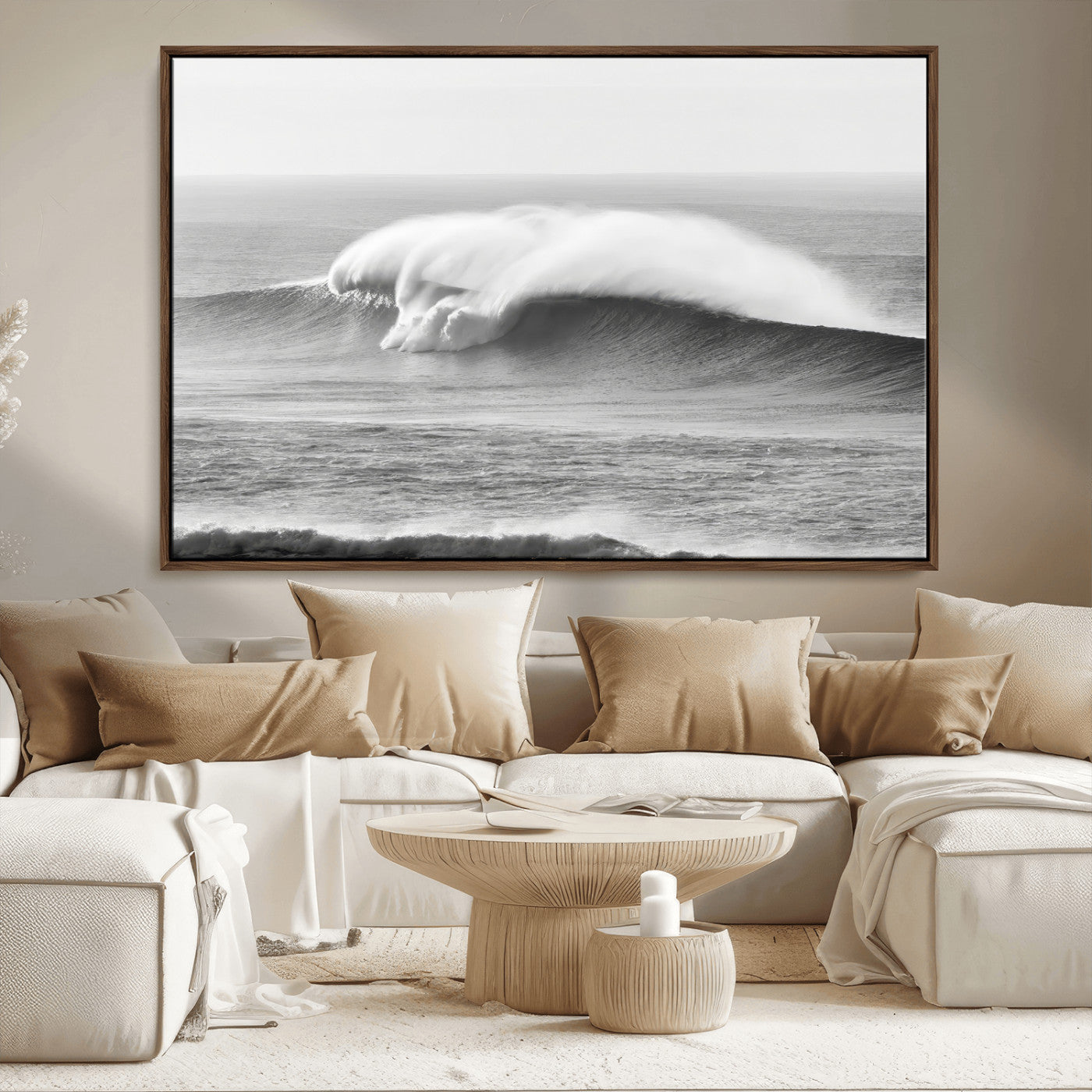A dramatic black and white ocean wave crashing with immense force, capturing the raw power and movement of the sea in a bold seascape.