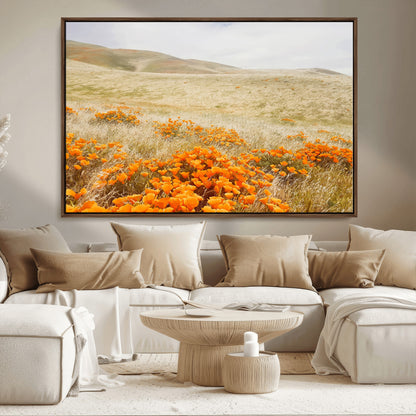 A golden field with vibrant orange poppies blooming across rolling hills under a soft, sunlit sky, creating a warm and rustic landscape.