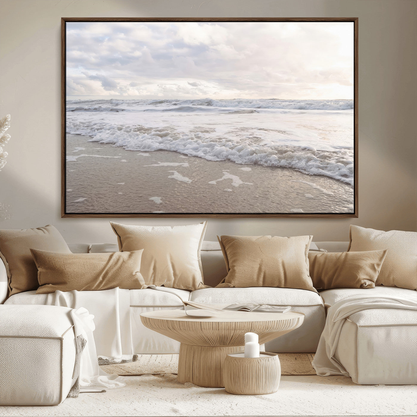 Peaceful ocean waves rolling onto the sandy shore under soft light, perfect for neutral or coastal minimalist decor themes.
