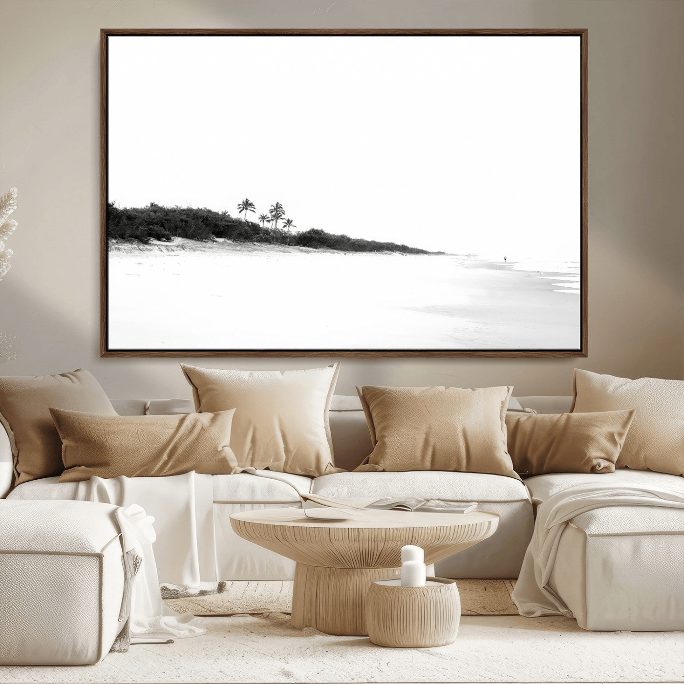 A black and white minimalist coastal scene with a vast open beach, distant palm trees, and a lone figure walking along the shoreline, evoking serenity and solitude.
