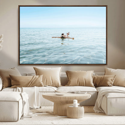 A peaceful minimalist scene of a person floating on crystal-clear water, surrounded by a vast open horizon, capturing relaxation and serenity in a tranquil aquatic setting.