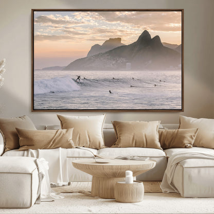A surfer rides a golden hour wave near misty coastal mountains, surrounded by fellow surfers, capturing the spirit of a coastal adventure.