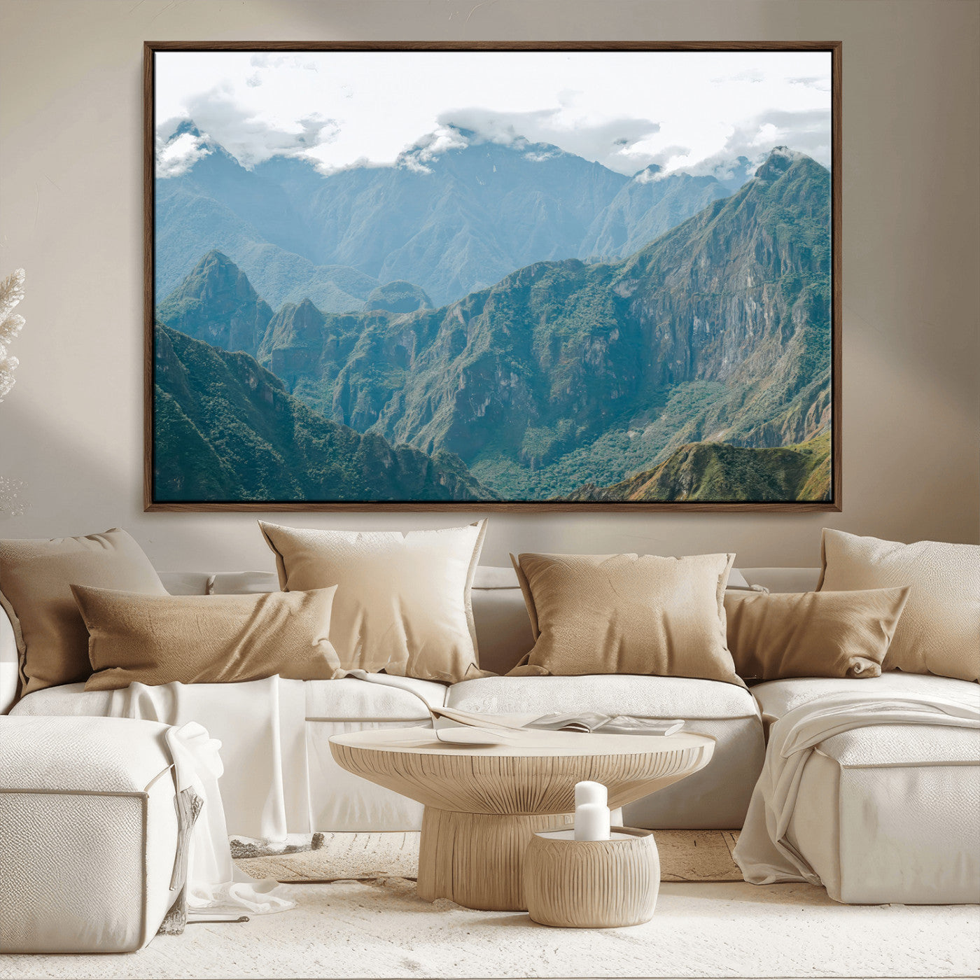 A misty mountain landscape with cloud-covered Andean peaks and lush green valleys, creating a dramatic and serene view, perfect for rustic or nature-inspired home decor.