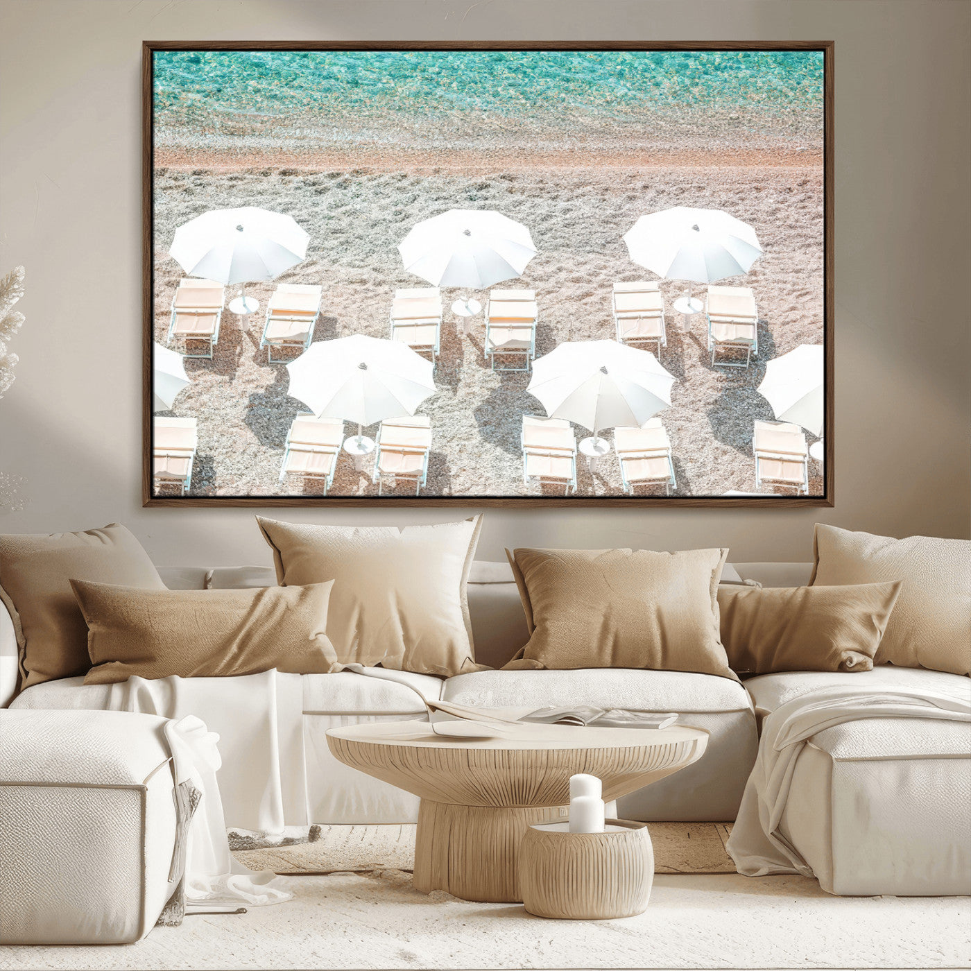 A bright beach scene with white umbrellas, pastel sand, and turquoise waters, creating a tranquil coastal vibe, perfect for beach house or summer decor.