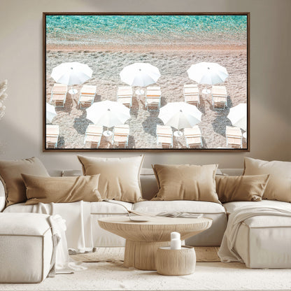 A bright beach scene with white umbrellas, pastel sand, and turquoise waters, creating a tranquil coastal vibe, perfect for beach house or summer decor.