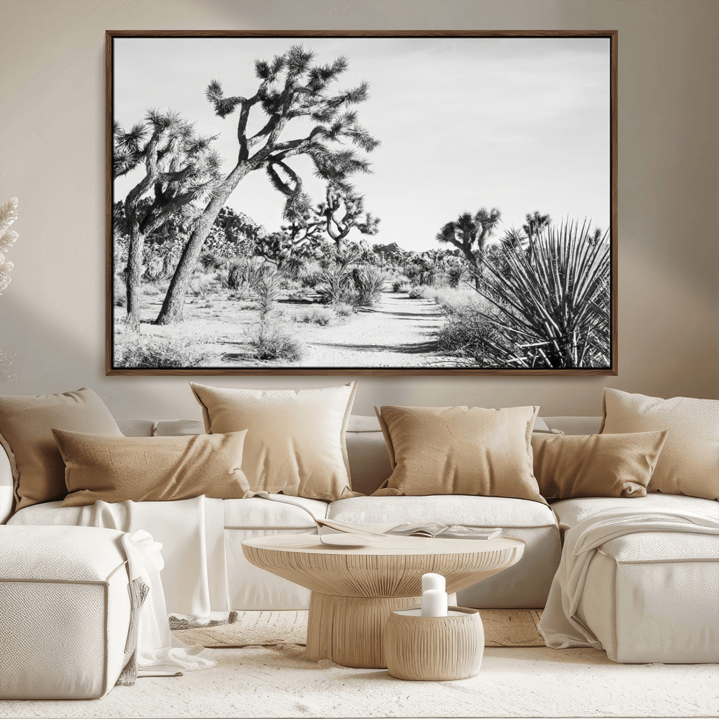 Canvas of a Joshua Tree forest in black and white tones, featuring a desert path and spiky vegetation, ideal for minimalist or rustic decor.