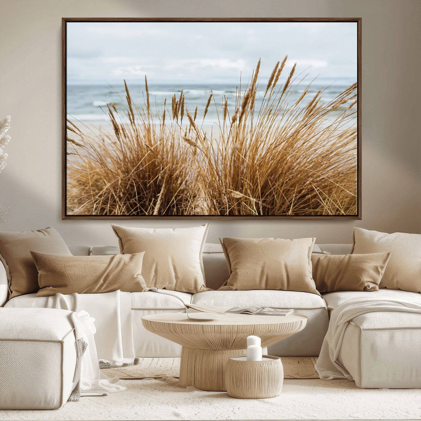 Canvas of golden beach grass swaying by the ocean under a soft cloudy sky, perfect for neutral-toned or coastal minimalist decor.