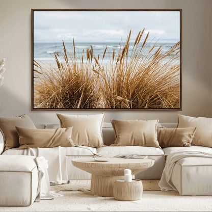 Canvas of golden beach grass swaying by the ocean under a soft cloudy sky, perfect for neutral-toned or coastal minimalist decor.