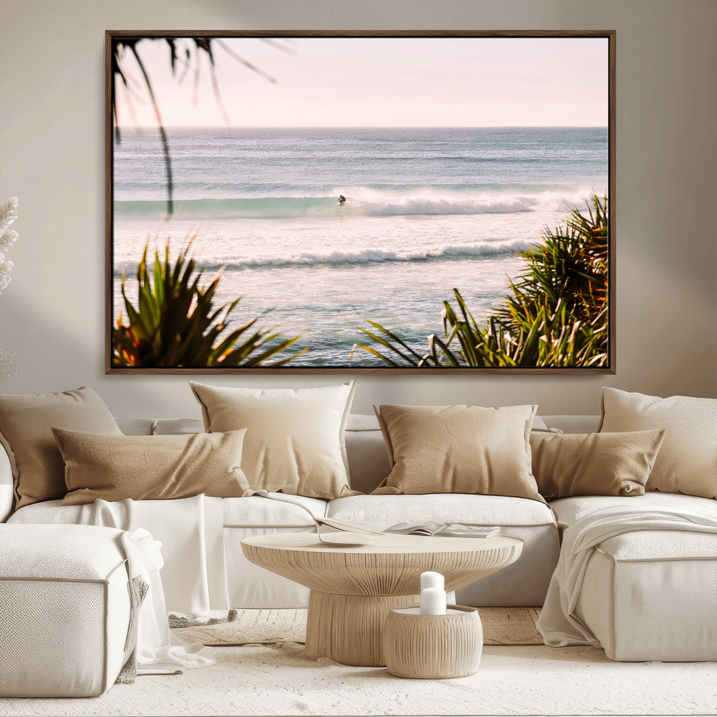 Canvas of a lone surfer riding a pastel wave at sunrise, perfect for tropical or coastal-themed spaces with a relaxed, airy vibe.