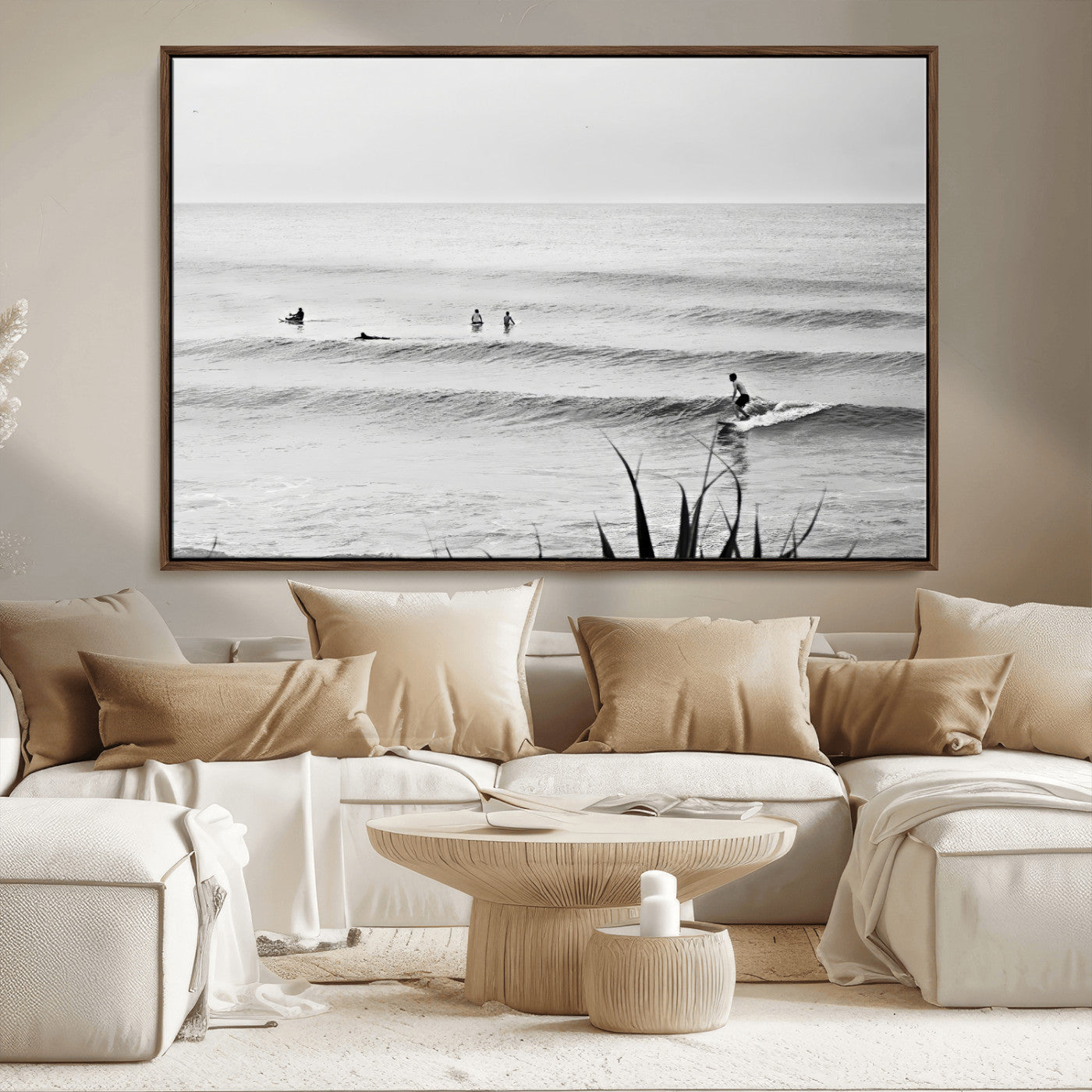 Monochrome canvas of surfers on calm ocean waves, ideal for minimalist coastal or beach-inspired interior decor.