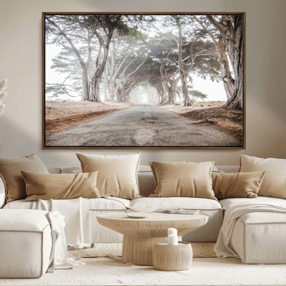Canvas of a misty tree tunnel with arching cypress trees and an earthy road, ideal for rustic or coastal nature decor.