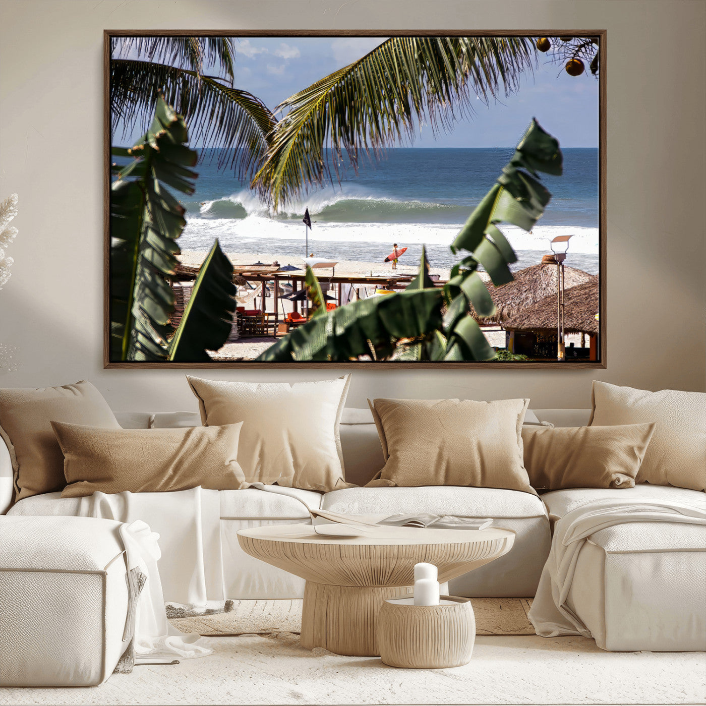 Canvas wall art of a tropical surf scene framed by palm trees, with a surfer on the shore and waves rolling in, ideal for beach-themed decor.