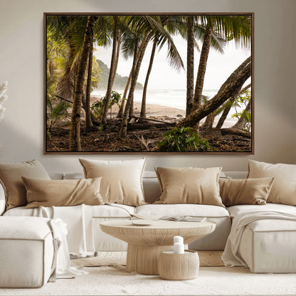 Dense tropical palm trees framing a sandy beach and ocean shore, ideal for jungle or coastal themed interior wall decor.
