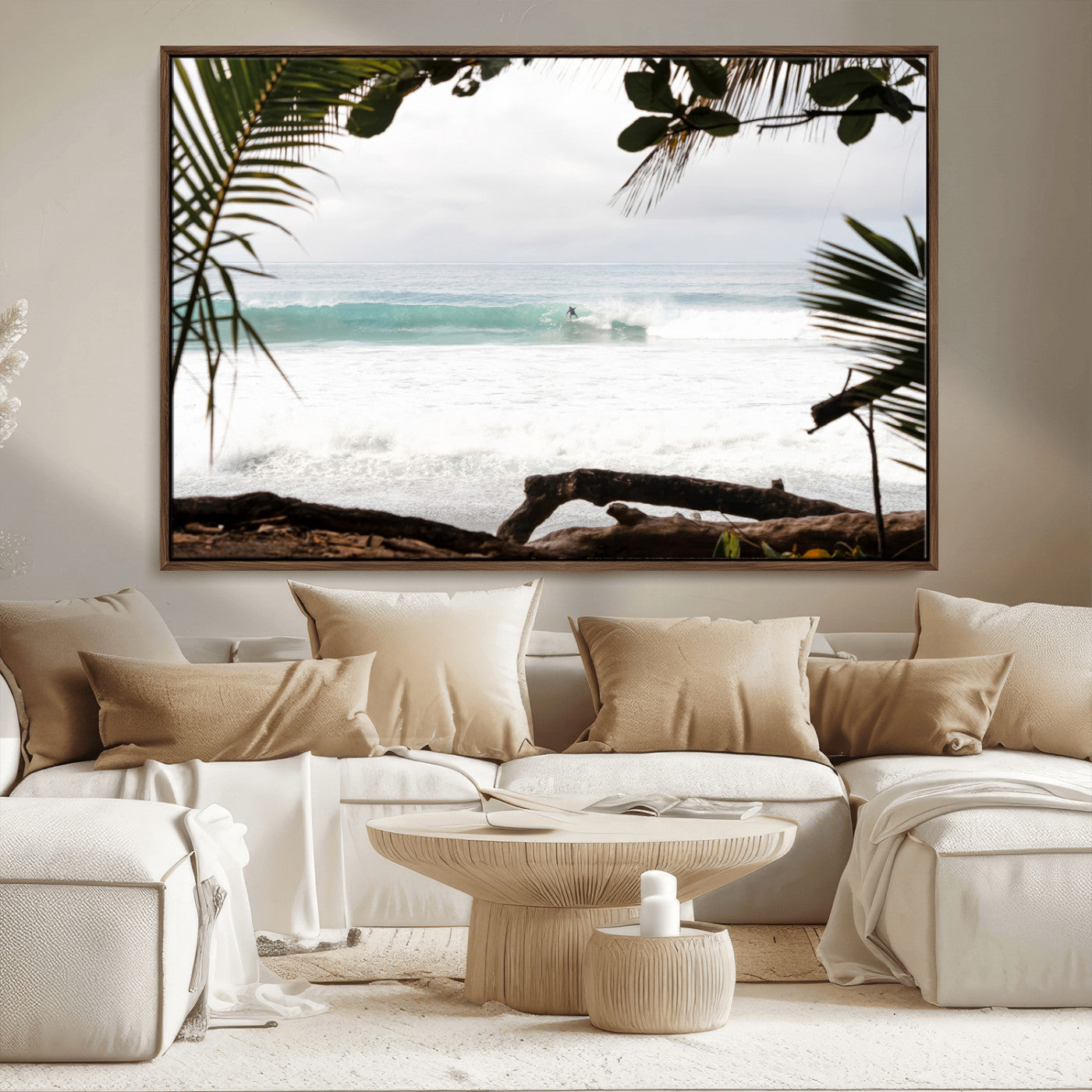 Tropical beach view with palm trees and surfer riding a wave, perfect for boho or coastal-inspired interior wall decor.