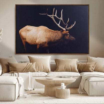 Side profile of an elk with large antlers on dark background, creating a bold rustic statement for cabin or Western-themed decor.