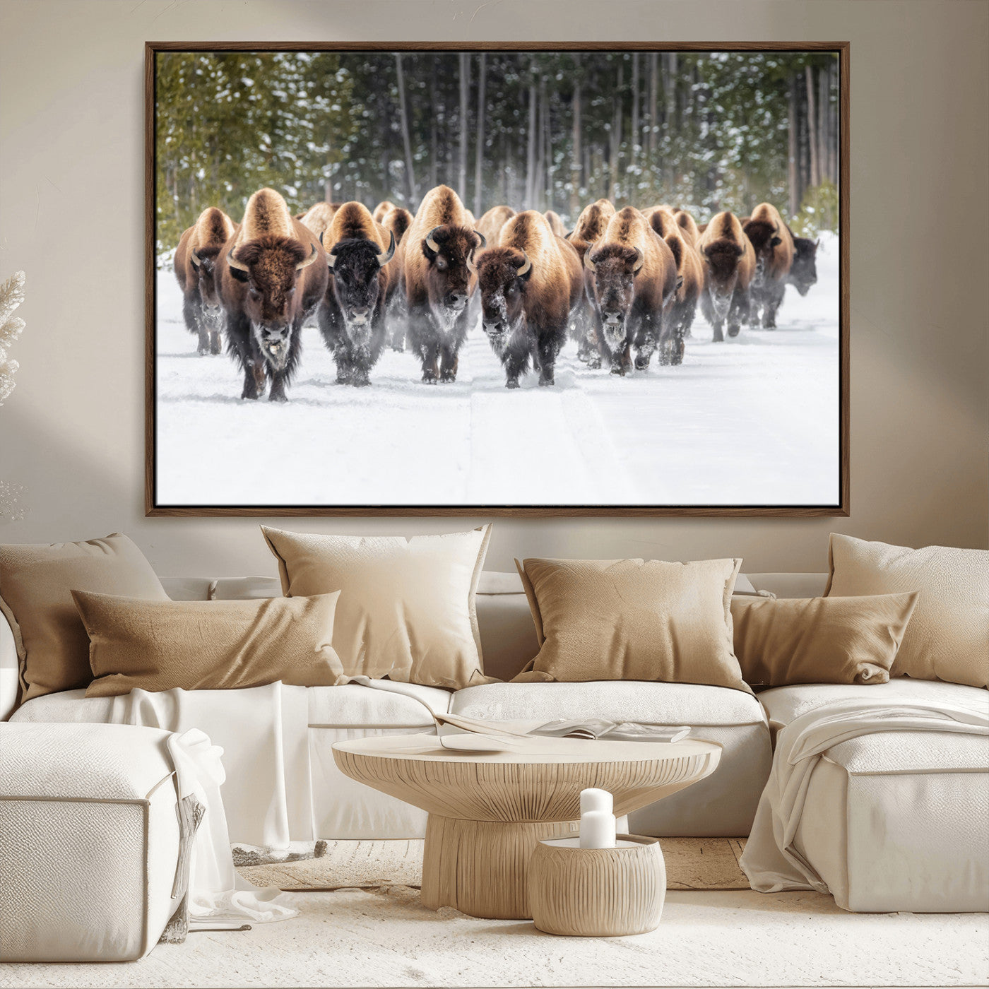 A herd of American bisons walking through a snowy forest path, perfect for rustic cabin or Western-themed wall decor.