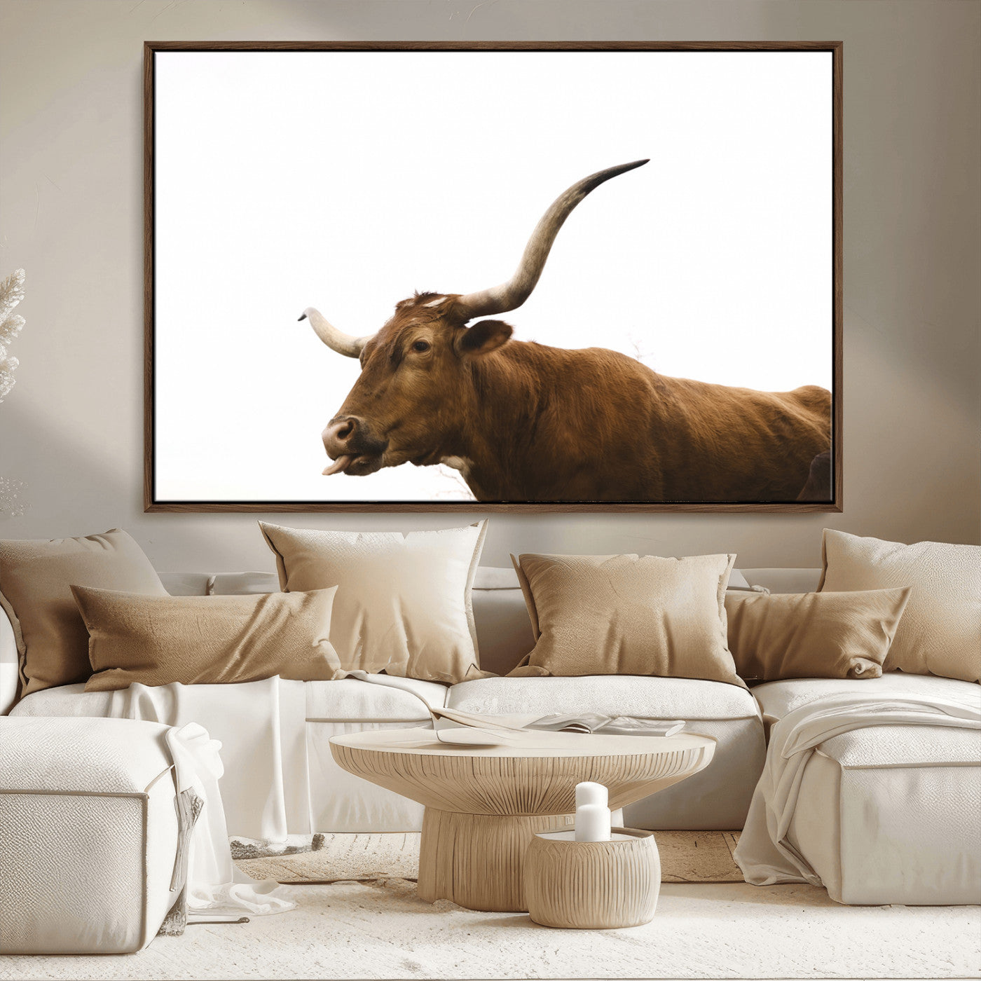 Minimal photo of a longhorn cow with white background, ideal for rustic, western or farmhouse-style interior decor.