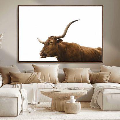 Minimal photo of a longhorn cow with white background, ideal for rustic, western or farmhouse-style interior decor.