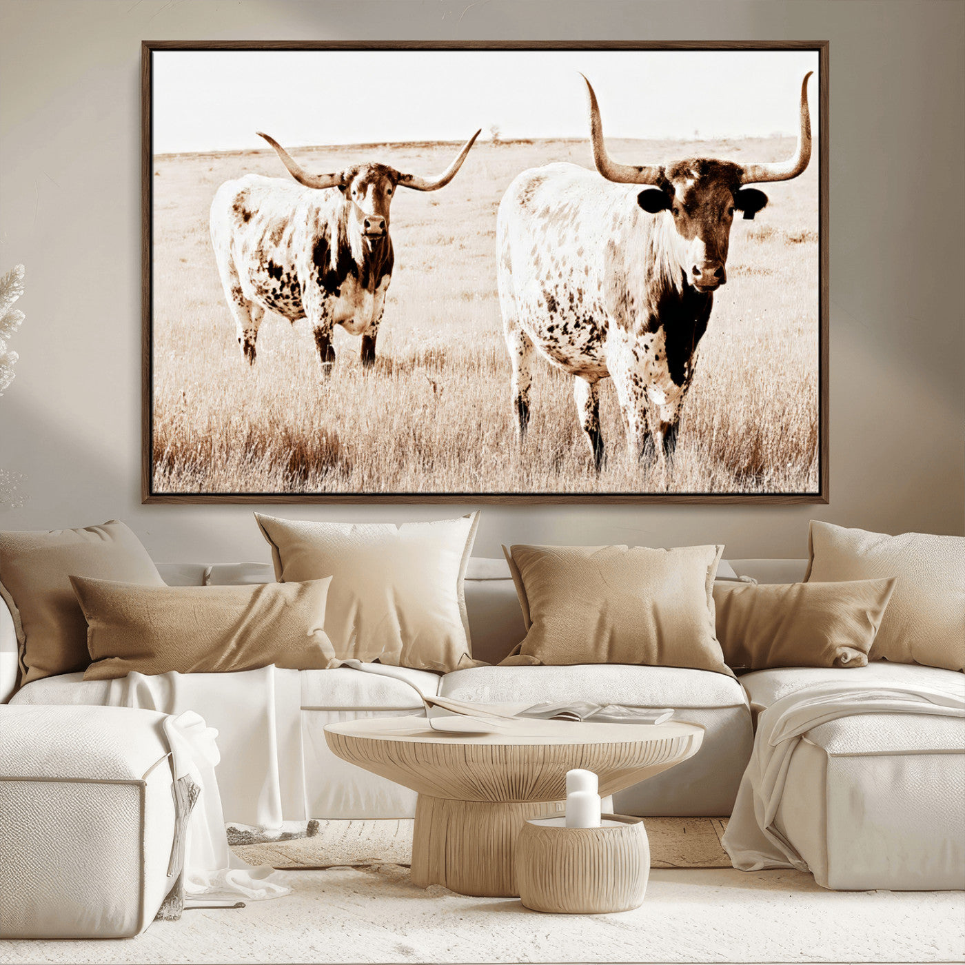 Two Texas longhorn cows standing in a sepia-toned pasture, evoking rustic charm perfect for farmhouse or western country interiors. (