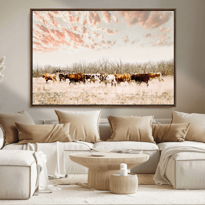 Cattle herd in a soft-toned field under a pastel pink sky, creating a peaceful rustic feel, perfect for farmhouse or western-themed spaces.
