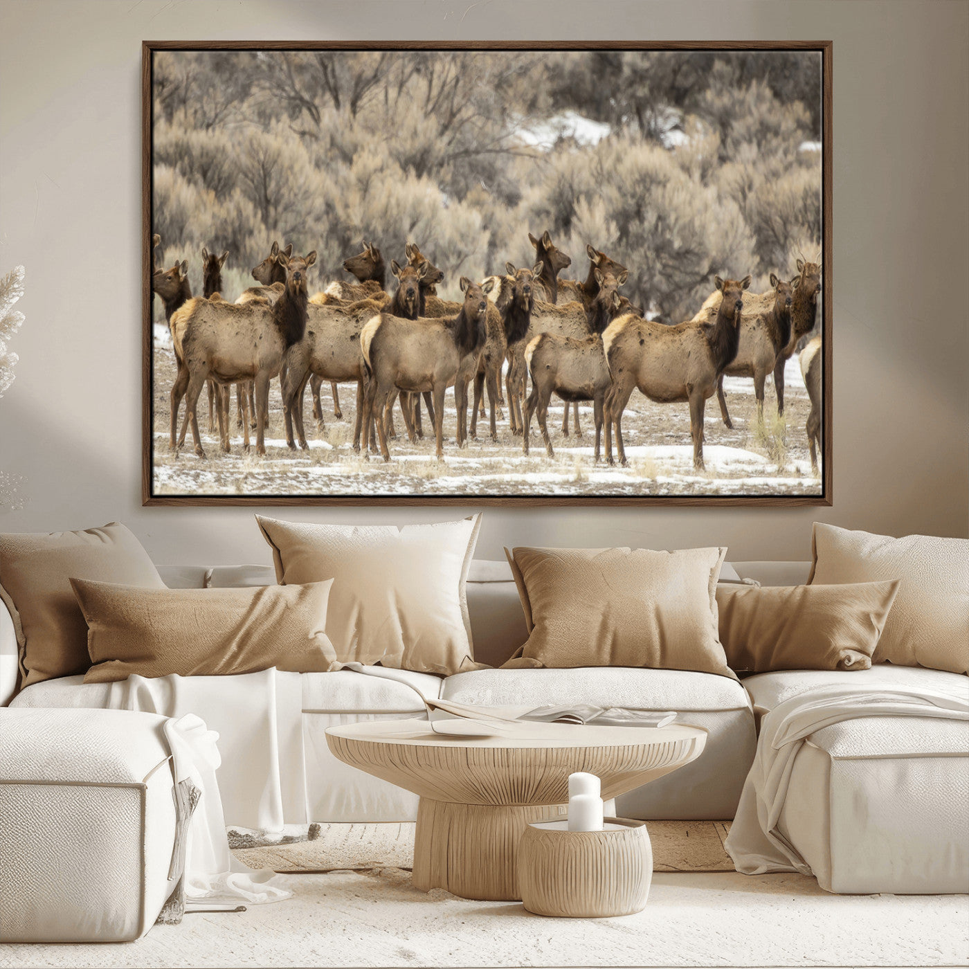 A large herd of elk standing in an open field with soft earthy tones, ideal for rustic lodge or western-themed home wall decor.