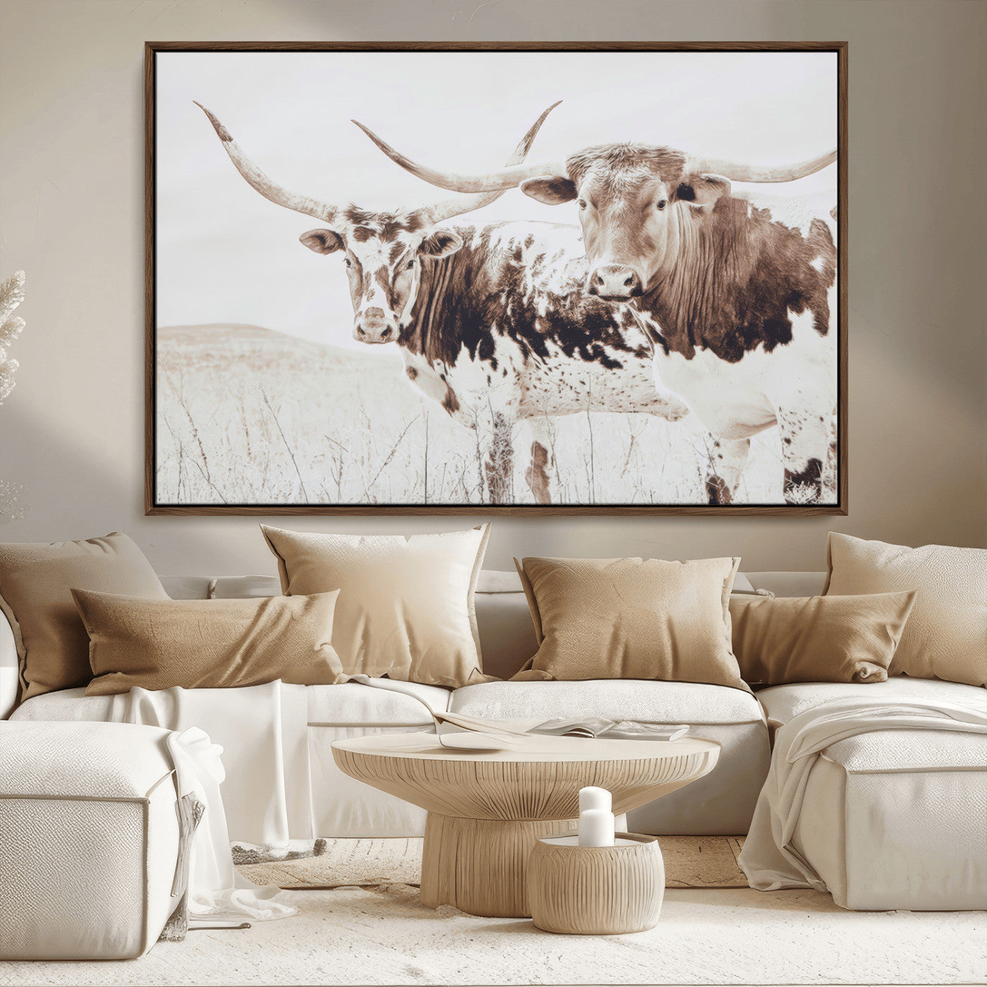 Two longhorn cows standing in a sepia-toned pasture with soft light, ideal for rustic or farmhouse-themed neutral wall decor.